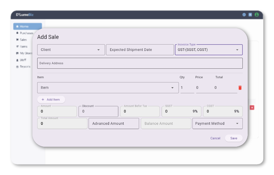 GST invoice preview on tablet screen in D'Lume Biz billing software