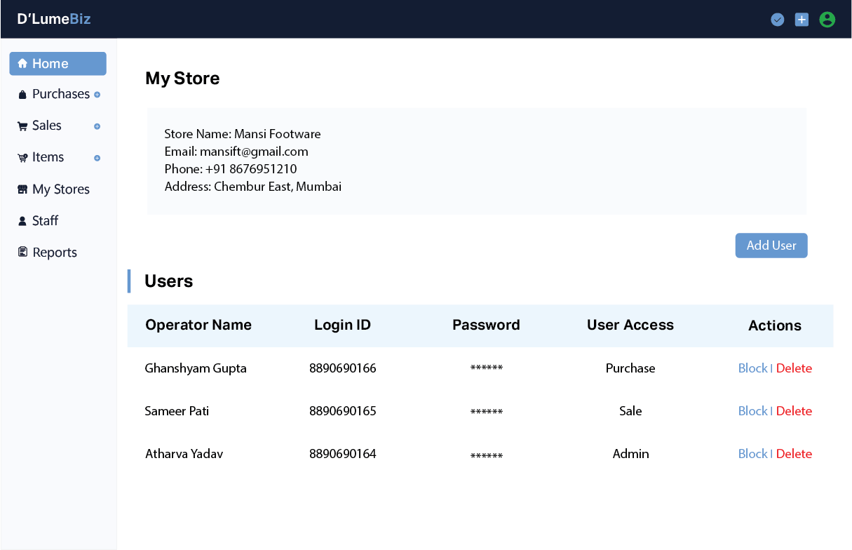 D'Lume Biz user roles and permissions dashboard on iPad and iPhone